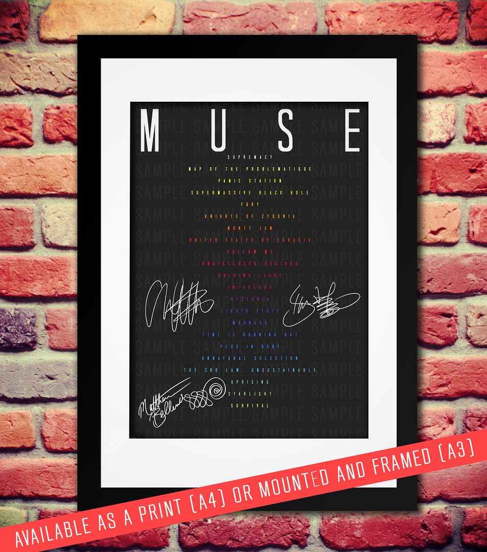 MUSE BAND SIGNED AUTOGRAPH PRINT PHOTO POSTER GIG TICKETS SETLIST A4 BELLAMY - Afbeelding 1 van 1